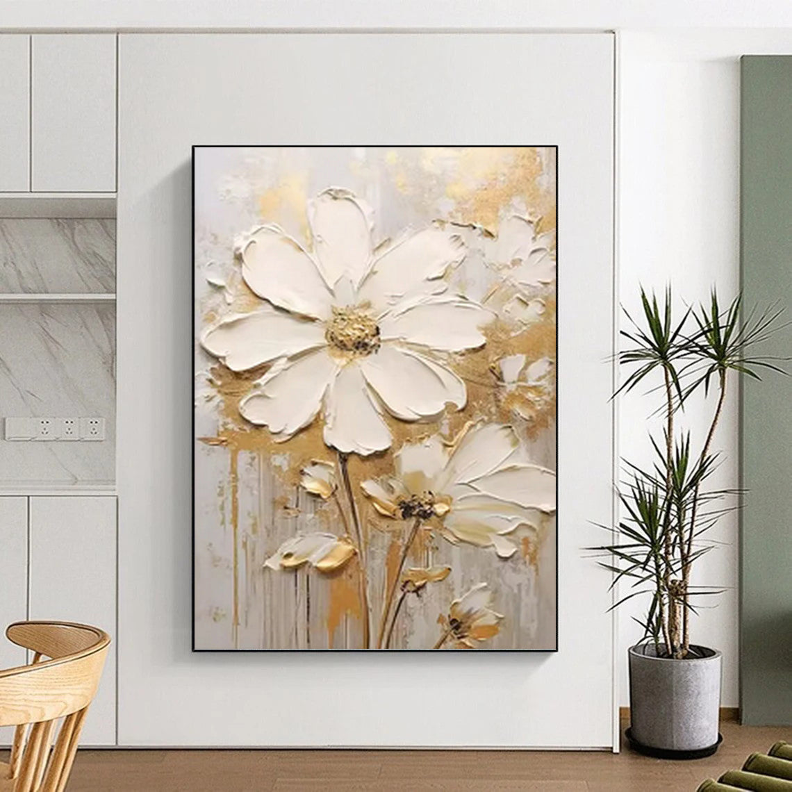 White and Gold Floral Simplicity - Impasto Flower Painting On Canvas DKH1395