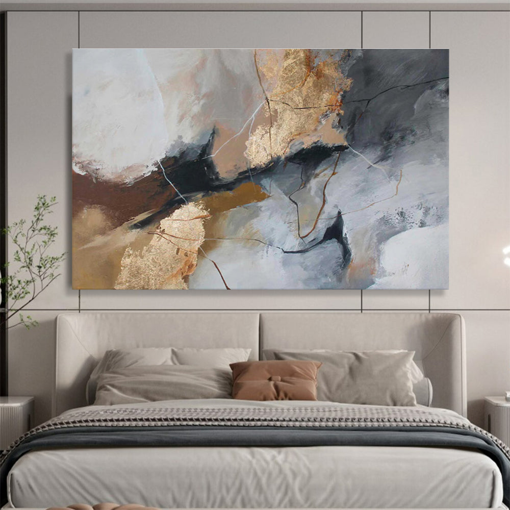 “Gray - Gold Abstract Cracks” Abstract Acrylic Painting On Canvas DKH518