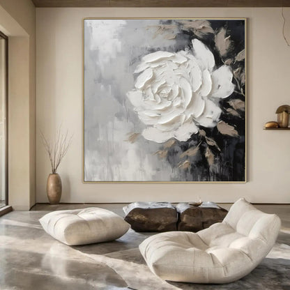 Grey, Black & Beige with Textured White Rose - "Elegant Bloom" - Impasto Floral Painting CT1466