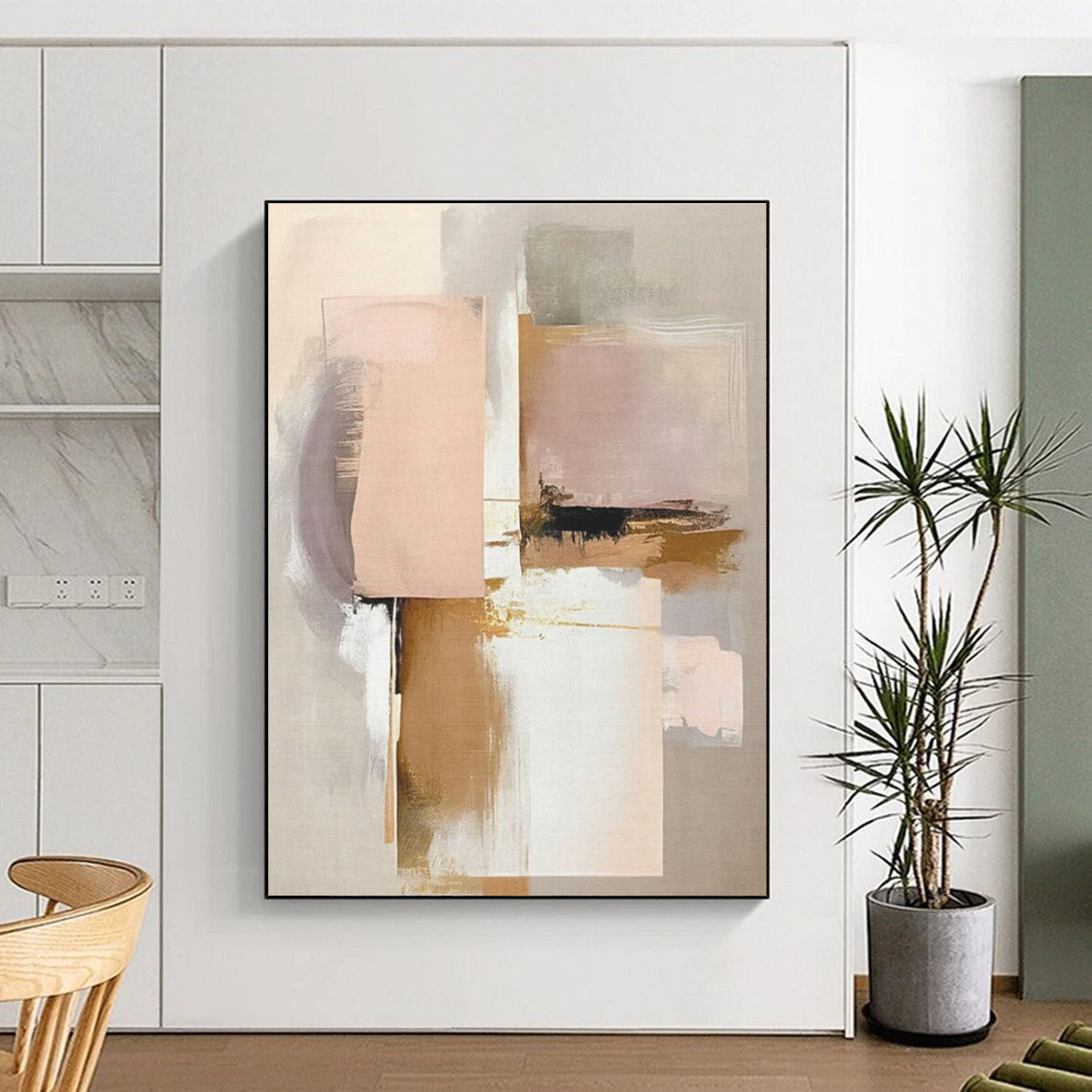 Muted Pink, Beige & Gold Shapes, “Blush & Gold” - Abstract Geometric Acrylic Painting CT0759