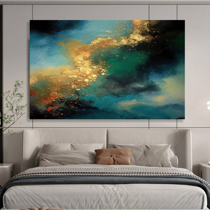 “Blue - Green With Gold Swirls” Abstract Painting On Canvas DLZ072