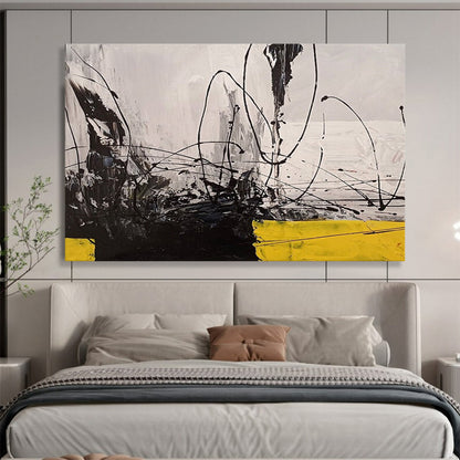 “Black, White, Yellow Gestural ‘Dynamic Dissonance’” - Abstract Gestural Painting On Canvas DLZ008