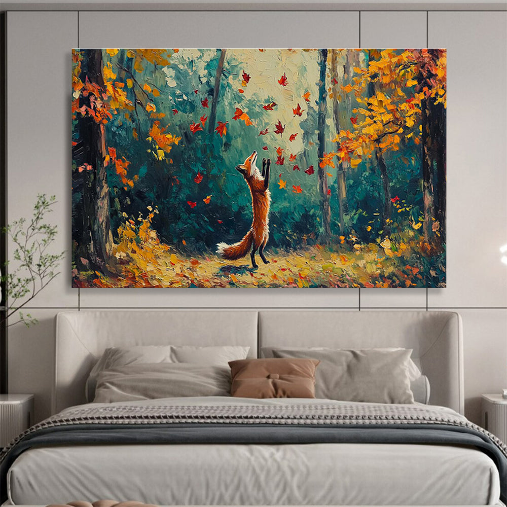 “Autumn Fox Frolic” - Orange, Yellow, Red Forest & Animal Oil Painting On Canvas DKH701