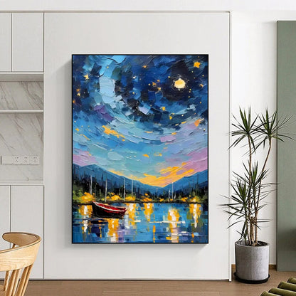 “Starry Night Harbor” - Impasto Landscape Oil on Canvas CT1886