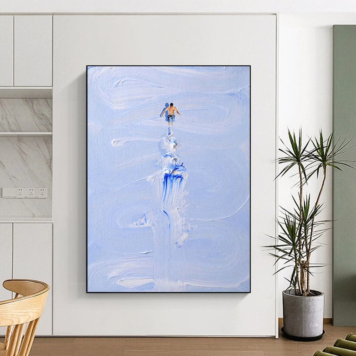 “Blue, White Figure ‘Water Wanderer’” - Impasto Sea & Figure Painting On Canvas DTP327