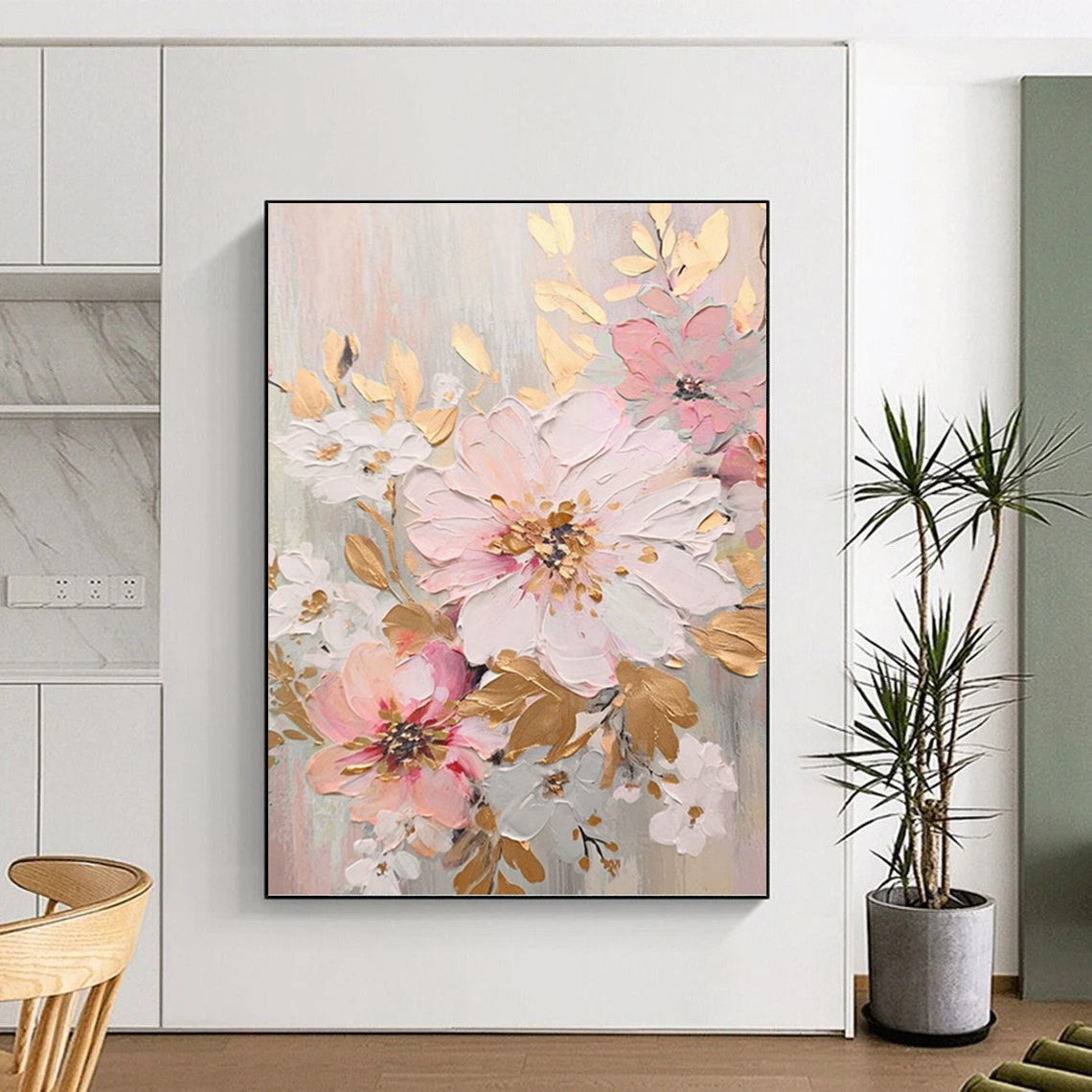 Pink, Gold and White Floral Elegance - Impasto Flower Painting On Canvas DKH1390
