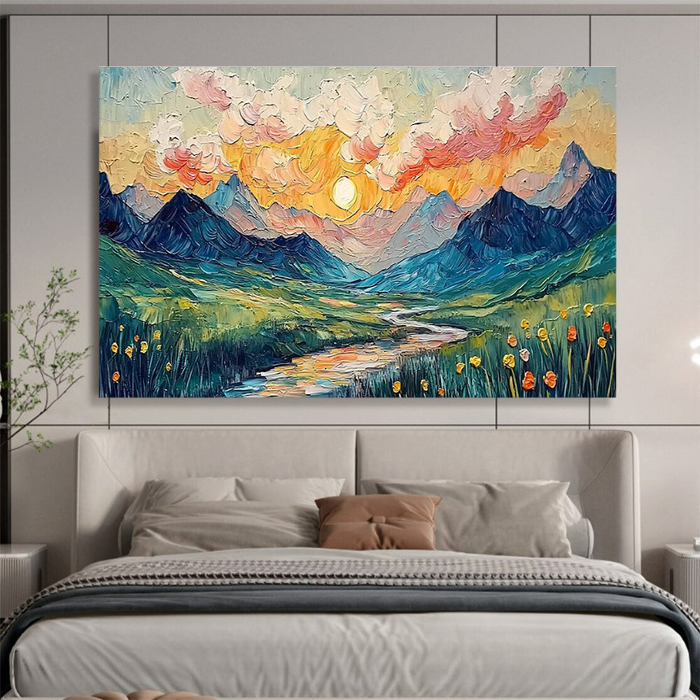 “Impasto Mountain Sunset” - Textured Landscape Painting On Canvas DKH856