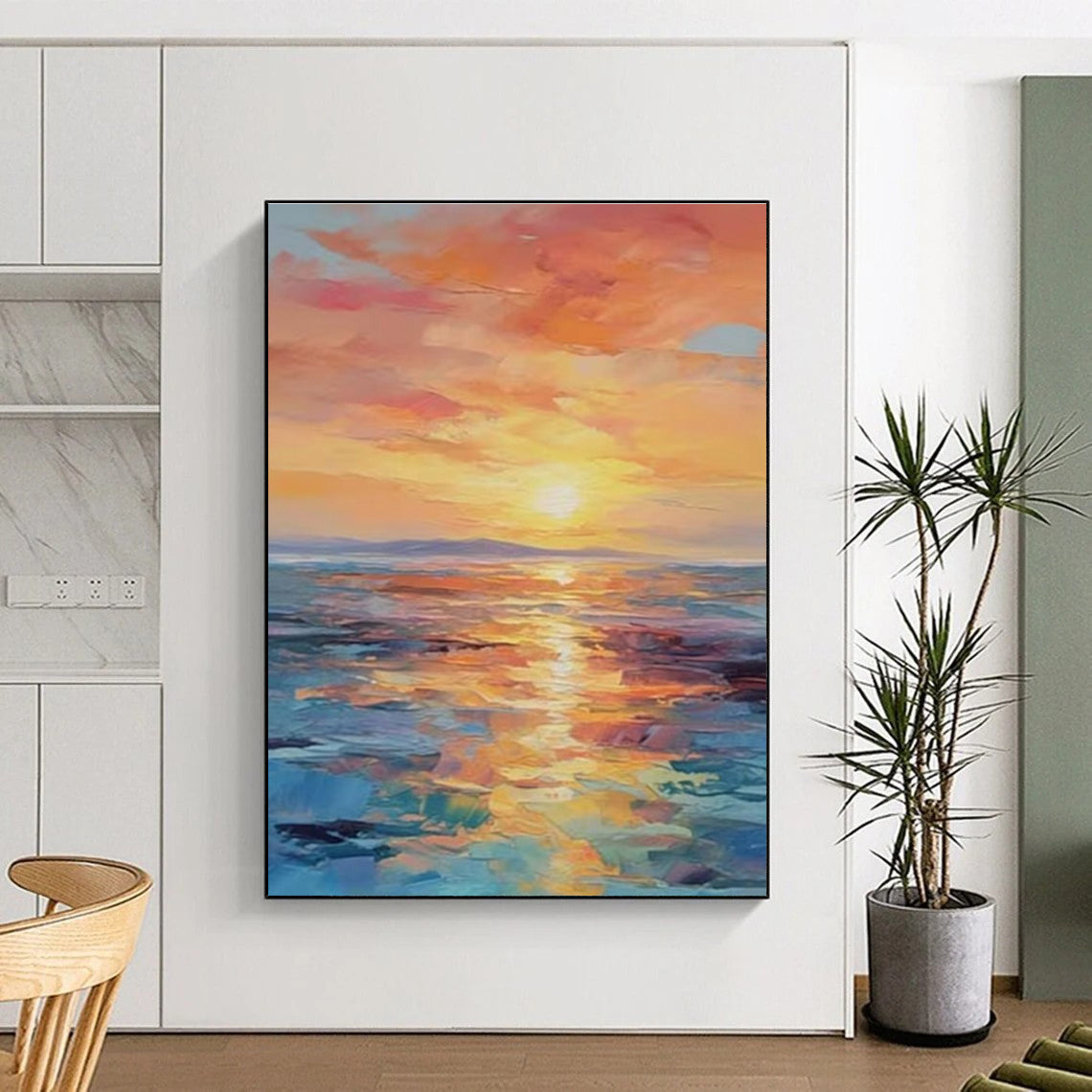“Sunset Hues, Ocean Reflections” - “Sunset Serenade”，Impressionistic - Abstract Oil Painting CT0687