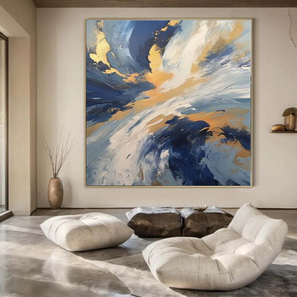 Blue - Gold Swirling Clouds - Abstract Impasto Acrylic CT1265