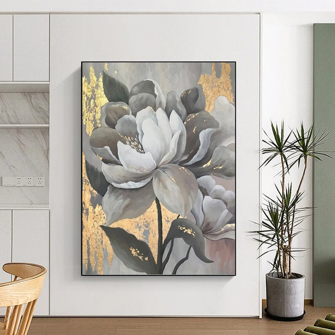 “Elegant Gray & Gold Flowers” - Modern Floral Painting On Canvas DKH1620
