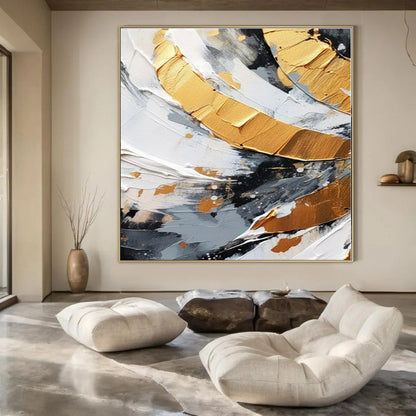 Black - White Gold Swirl - Abstract Impasto Oil Painting CT1243