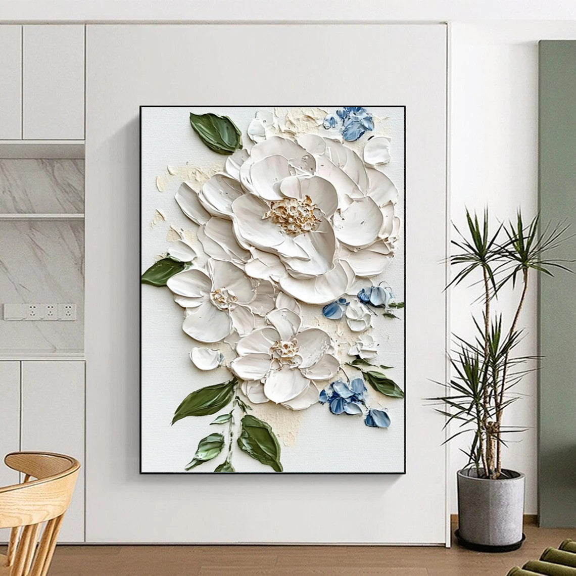 White Peony and Blue Accent Impasto - Textured Floral Painting On Canvas DKH1388
