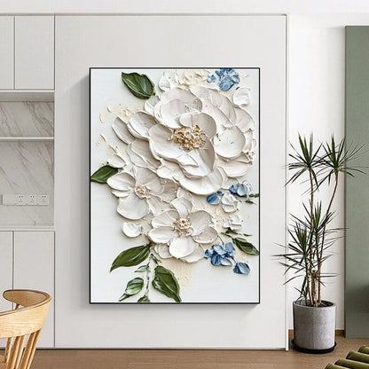 White Peony and Blue Accent Impasto - Textured Floral Painting On Canvas DKH1388