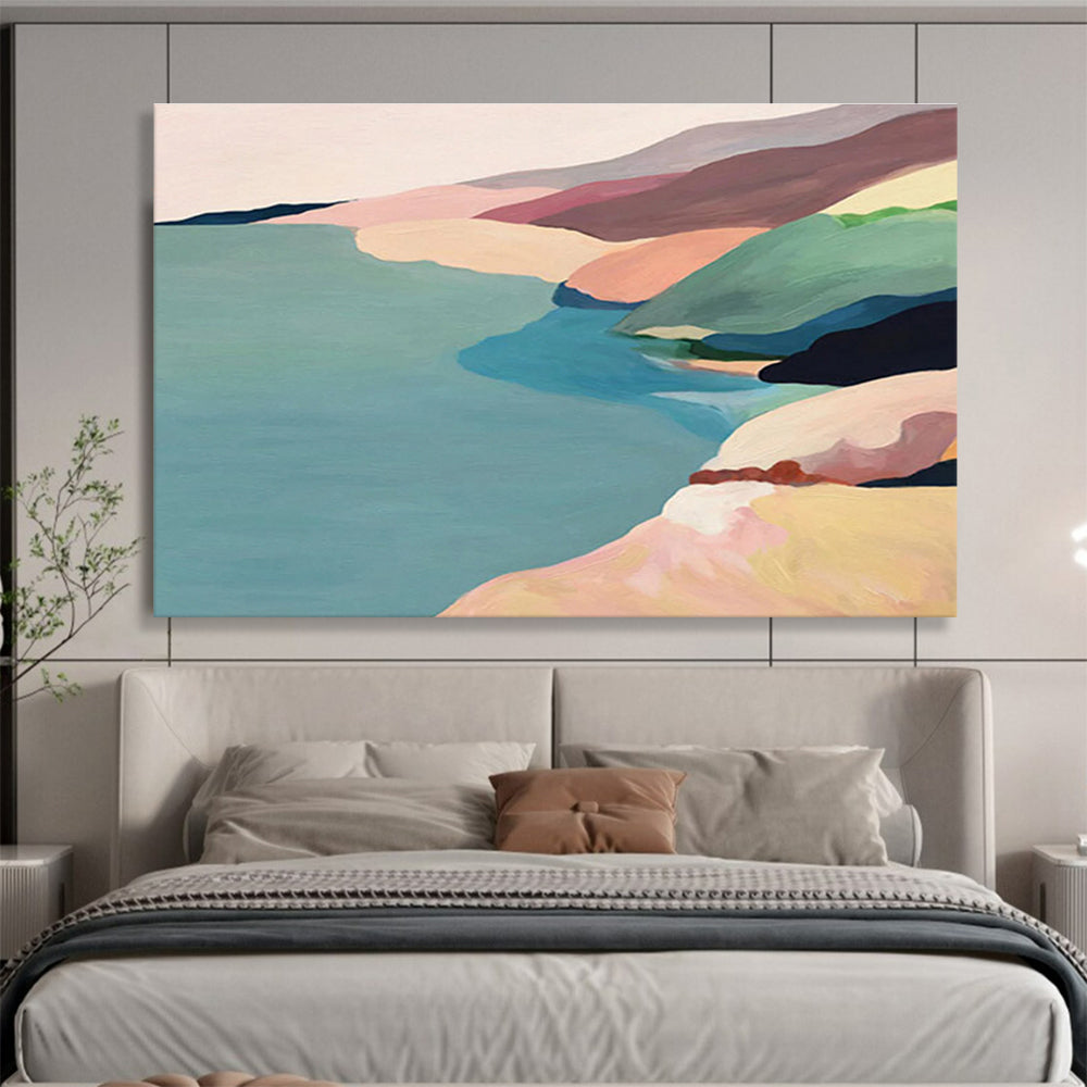 “Pastel Coastal Ridges” - Soft Pink, Blue, Green Minimalist Landscape Painting On Canvas DKH741