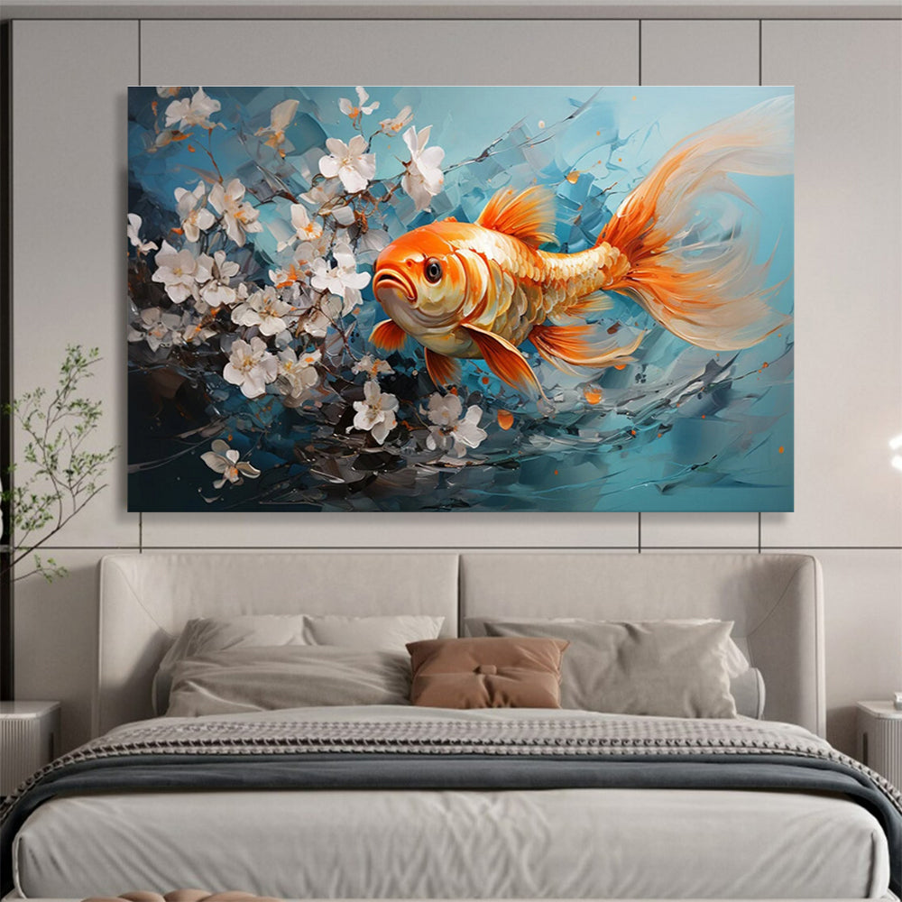 “Goldfish Among White Blossoms” - Blue, Orange, White Realistic Figurative Painting On Canvas DKH764
