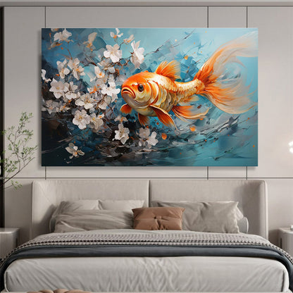 “Goldfish Among White Blossoms” - Blue, Orange, White Realistic Figurative Painting On Canvas DKH764