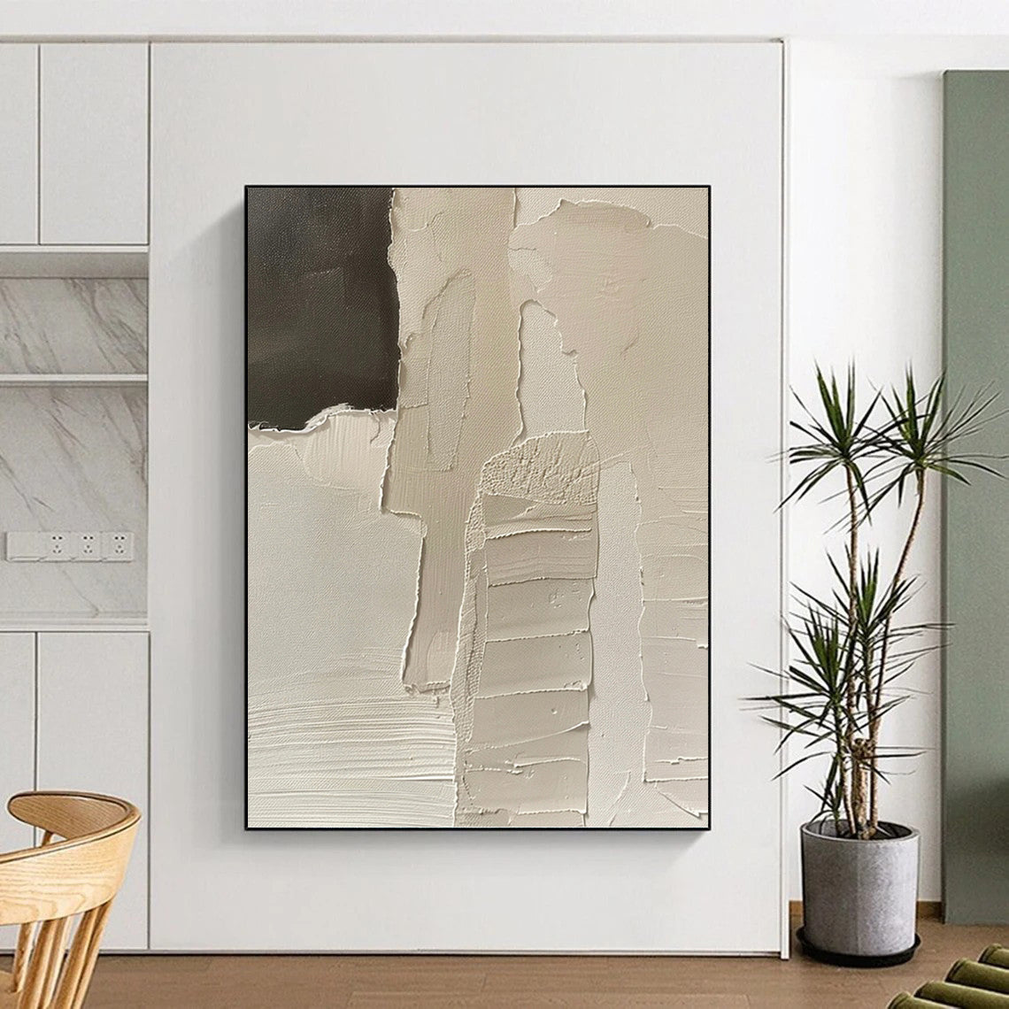 “White Fragmented Story” - White & Black Textured Shapes Painting On Canvas DKH1162