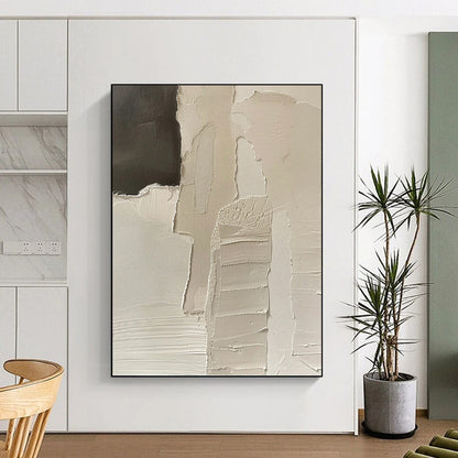 “White Fragmented Story” - White & Black Textured Shapes Painting On Canvas DKH1162