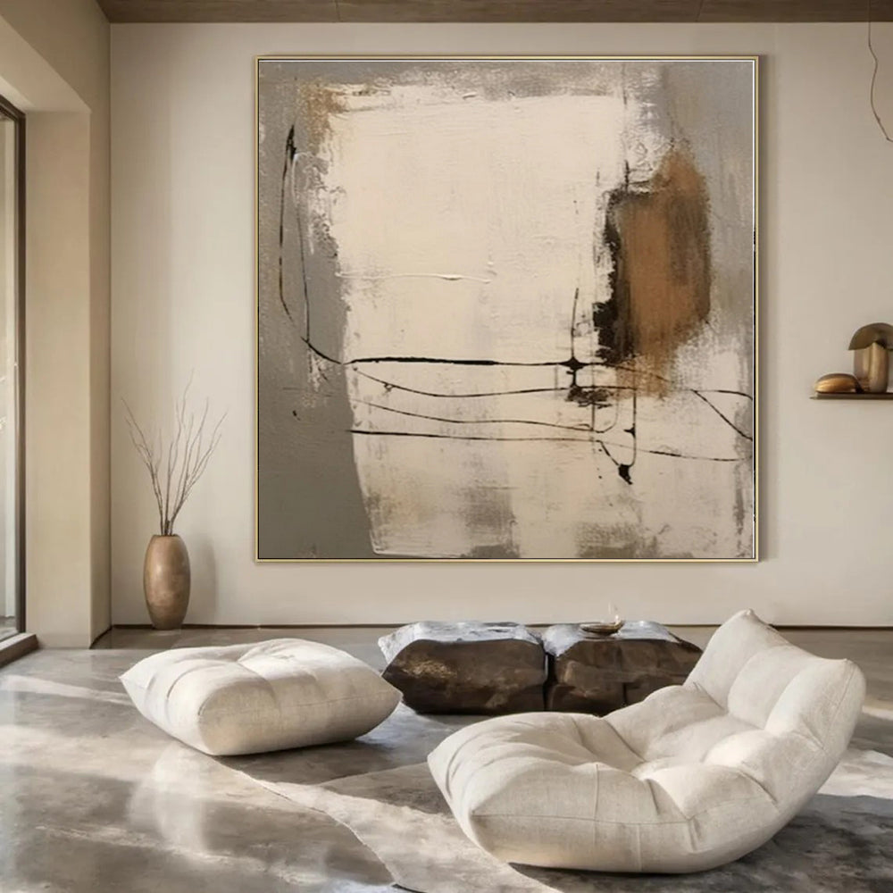 Neutral Tones with Black Lines - Abstract Expressionist Ink & Acrylic On Canvas CT1305