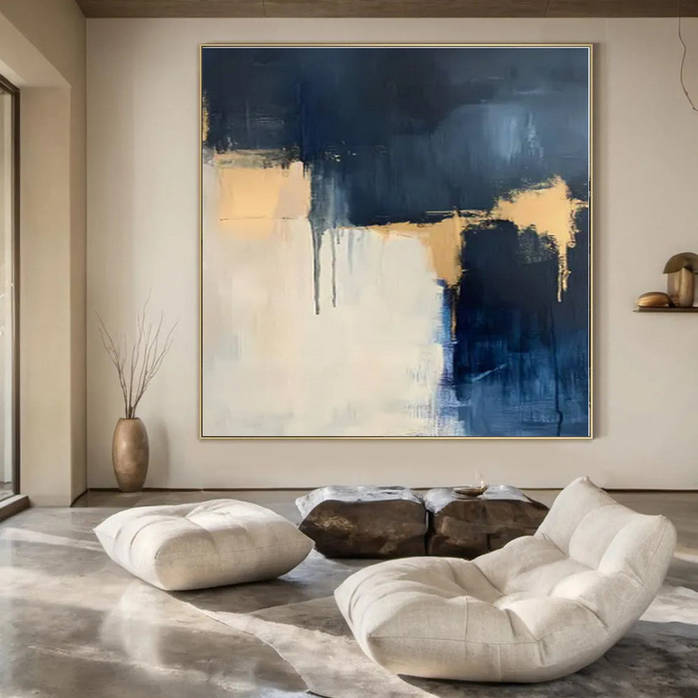 Navy, Gold & White Layers - Abstract Expressionist Acrylic On Canvas CT1310