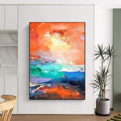“Vibrant Orange & Turquoise Abstract Seascape” – Abstract Oil Painting On Canvas CT2114