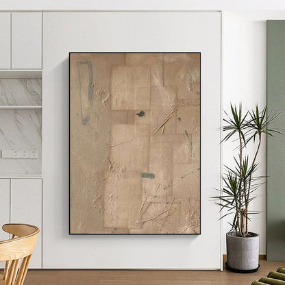 “Beige, Gray Textured Collage ‘Earthly Layers’” - Mixed - Media Abstract Painting On Canvas DTP336