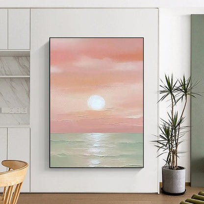 “Pink Sunset Sea” - Pink & Green Seascape Painting On Canvas CT2231