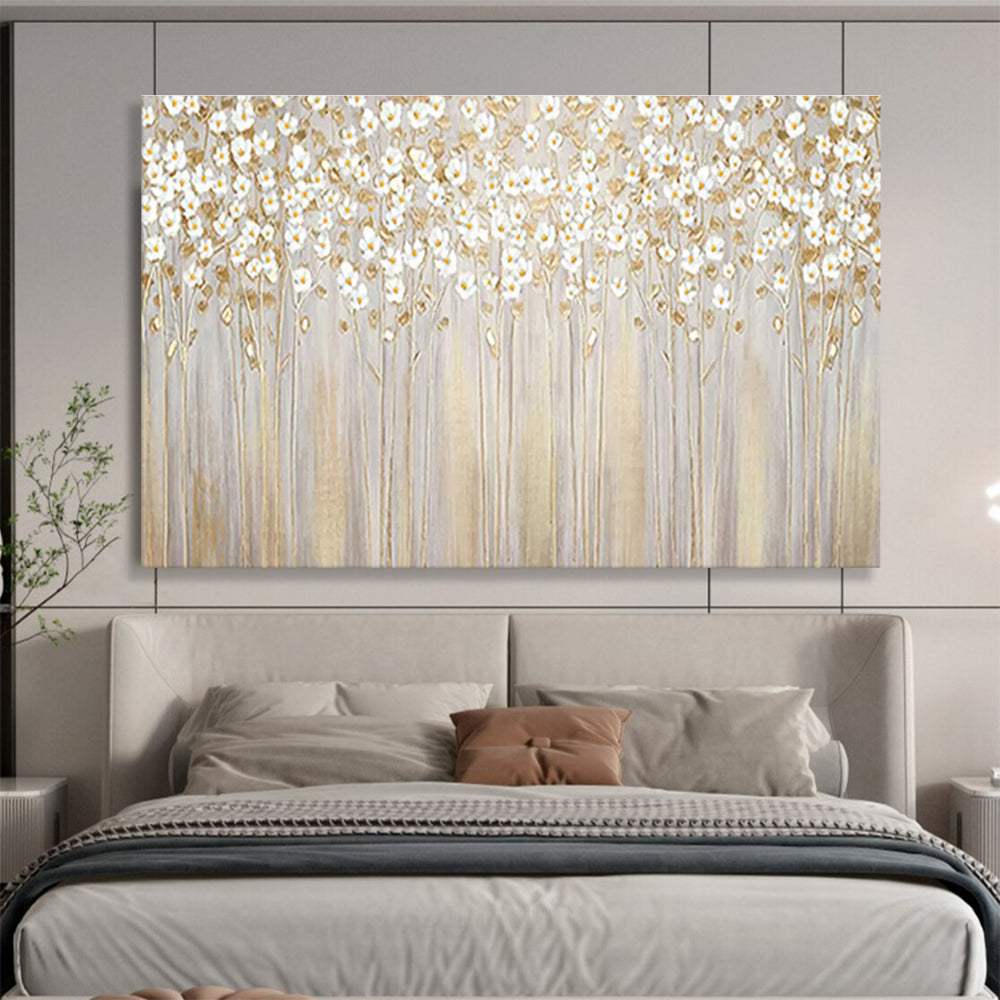 “White Flowers with Gold Stems” - Delicate Floral Painting On Canvas DKH787