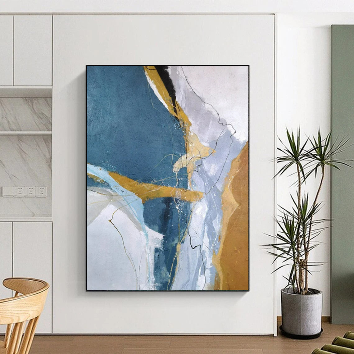 “Blue, Gold & White Linear Abstract” - Abstract Painting On Canvas CT2332