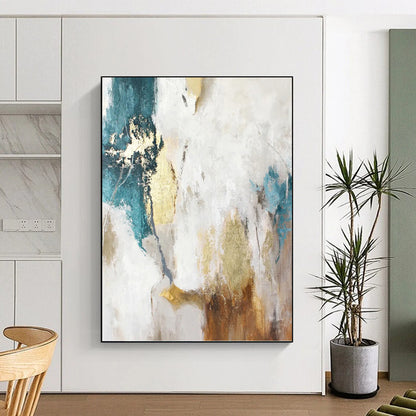 “Turquoise, Gold & White Abstract” - Turquoise, Gold & White Tropical - Inspired Painting On Canvas DKH1014
