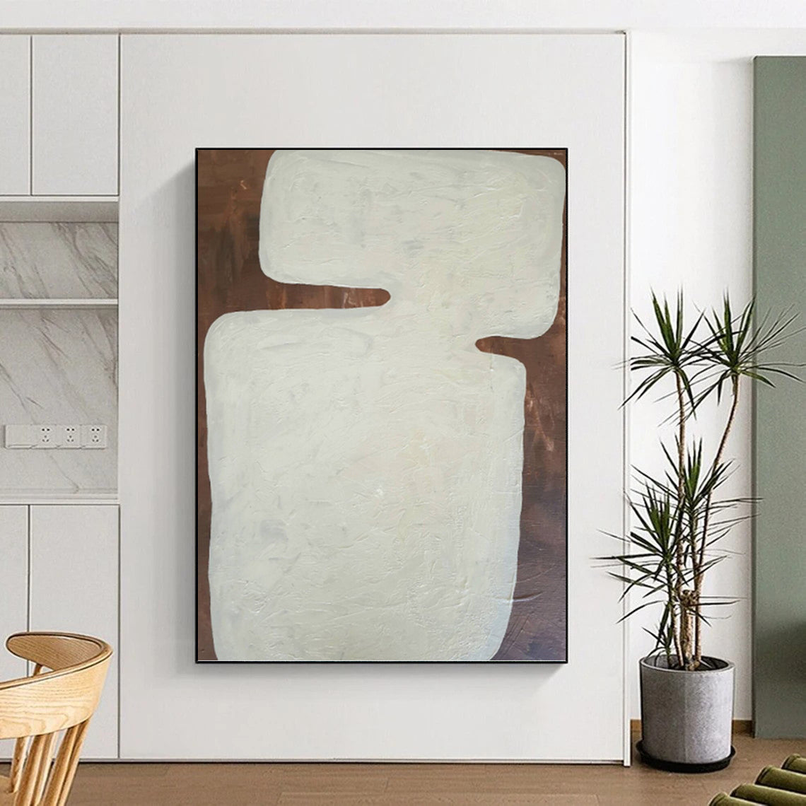 “White Abstract Shape on Brown Background” - Minimalist Abstract Painting On Canvas DKH1082