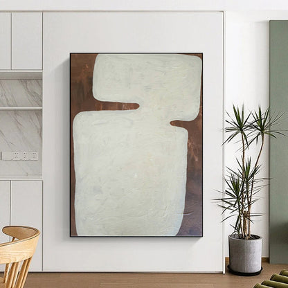 “White Abstract Shape on Brown Background” - Minimalist Abstract Painting On Canvas DKH1082