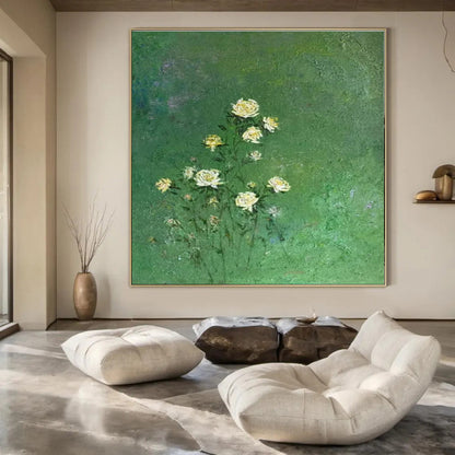Green Background, White Flowers - "Whispering Blooms" - Impressionistic Oil Painting CT1453