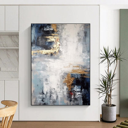 “Muted Blues, Grays, and Gleaming Gold Accents” - “Midnight Echoes”，Abstract Oil Painting CT0696