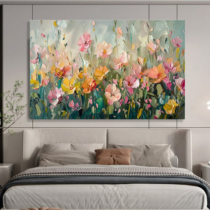 “Pastel Flower Field” - Soft - Hued, Textured Floral Impressionistic Painting On Canvas DKH709