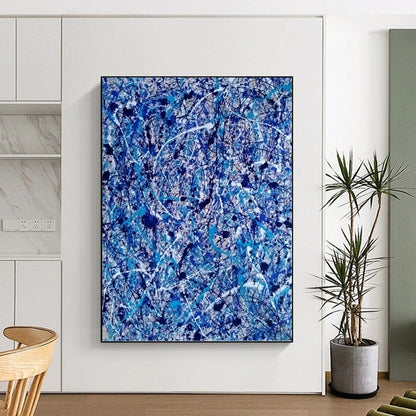 “Chaotic Blue Web” - Blue, White, and Black Abstract Drip Painting On Canvas DKH1560