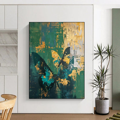 Green & Gold Butterfly Abstract - Nature - Inspired Abstract Painting On Canvas CT2287