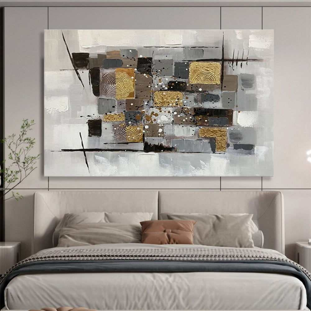 “Neutral Tones & Gold Geometric Collage” Abstract Mixed - Media Painting On Canvas DKH353
