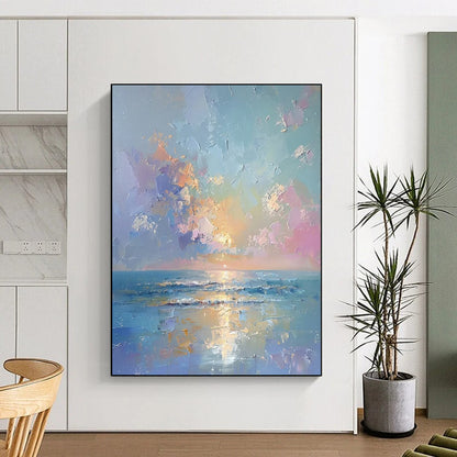“Pastel Sea Sunset” - Blue, Pink & Orange Seaside Sunset Painting On Canvas CT2202