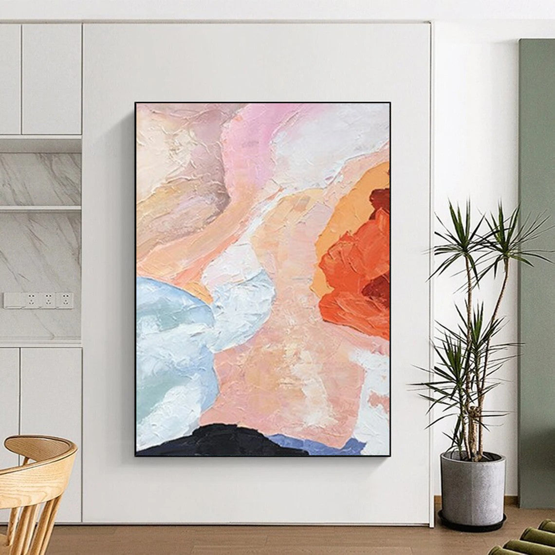 “Soft - Toned Abstraction” - Pink, Blue, Peach Gentle Shapes Painting On Canvas DTP275