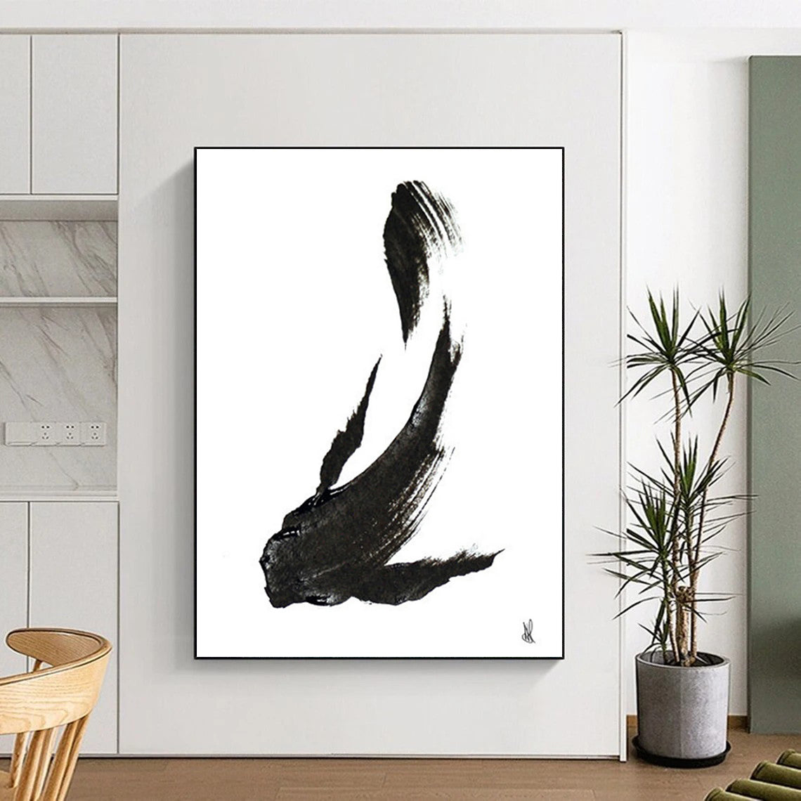 “Ink - Black Fish Silhouette” - Minimalist Ink Painting On Canvas DTP181