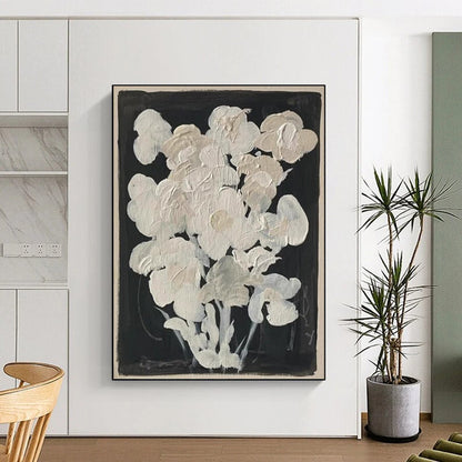 “White Flowers on Black” - Minimalist Floral Painting On Canvas DTP140