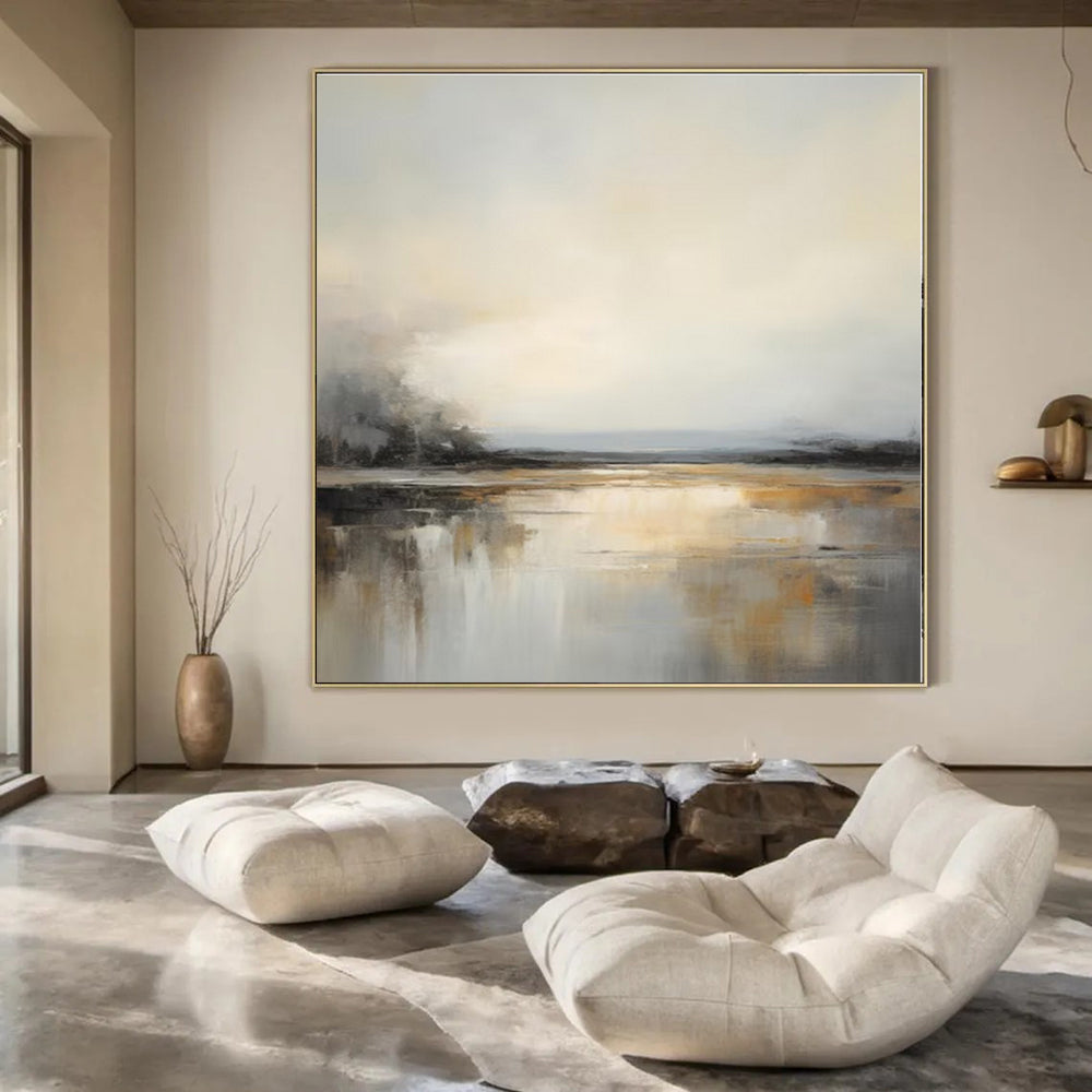 Misty Waterscapes in Grey & Gold - Abstract Landscape Oil CT1284