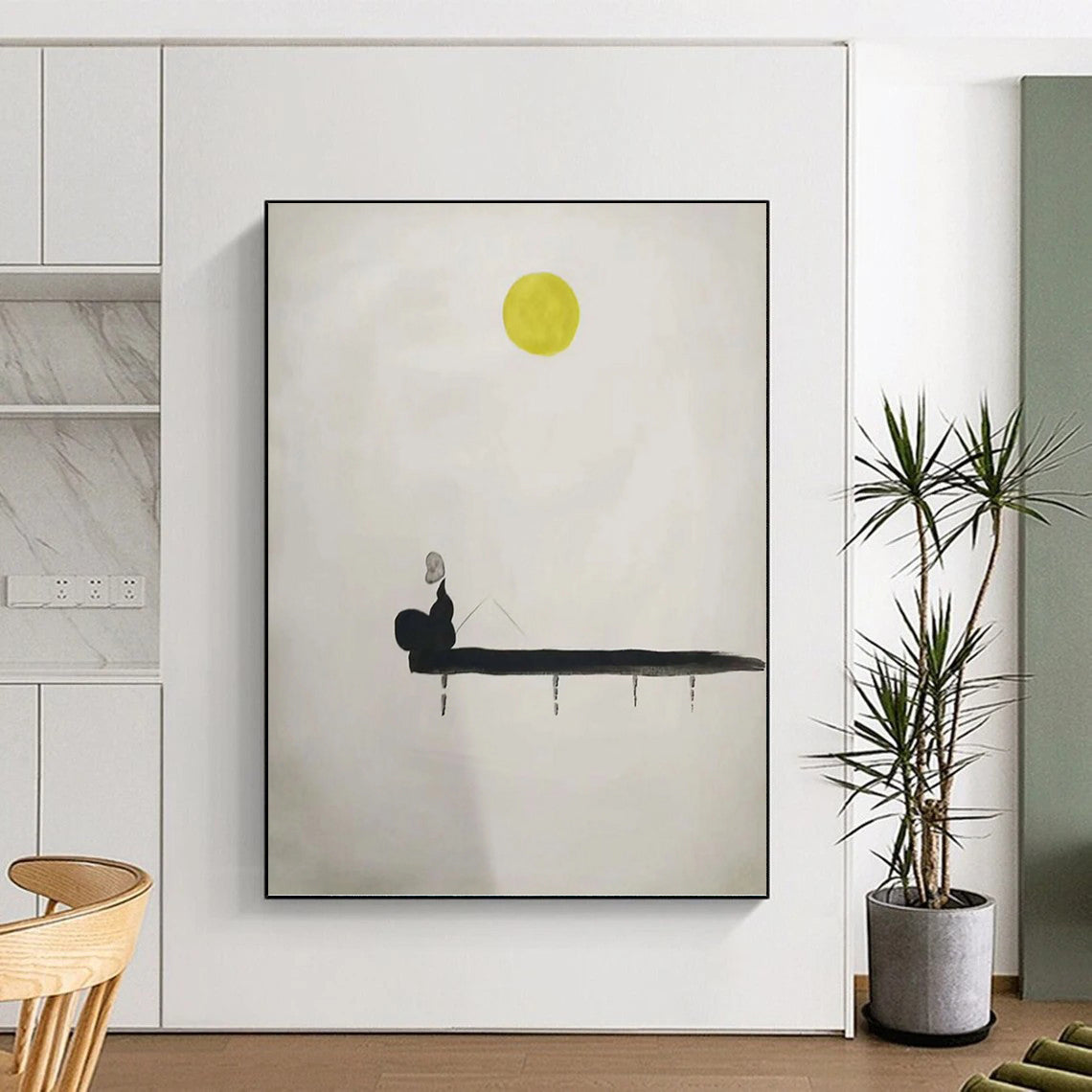 “Moonlit Solitude” - Black, White, and Yellow Minimalist Figure Painting On Canvas DKH1562