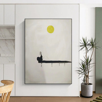 “Moonlit Solitude” - Black, White, and Yellow Minimalist Figure Painting On Canvas DKH1562