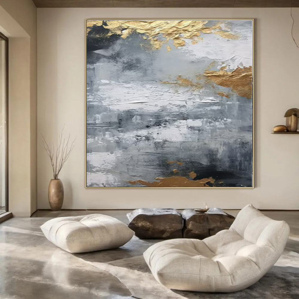 Grey - Gold Textured Abstraction II - Abstract Impasto Oil CT1261