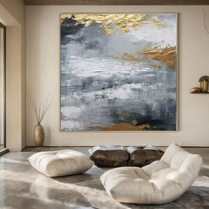 Grey - Gold Textured Abstraction II - Abstract Impasto Oil CT1261