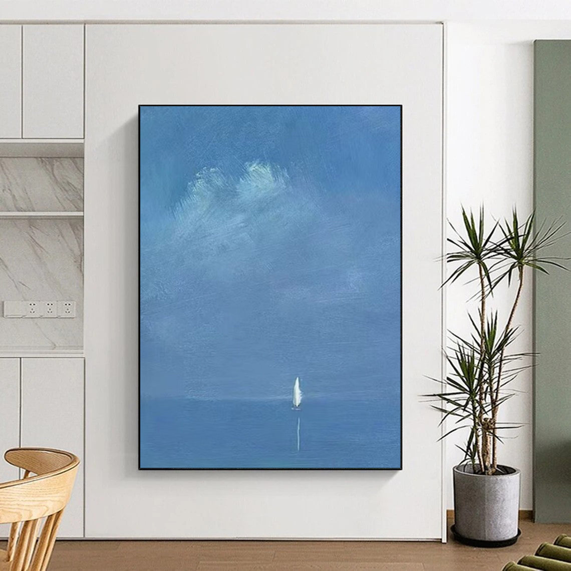 “Distant Voyage: Tiny Sail on Vast Blue” - Abstract Nautical Oil on Canvas CT1879