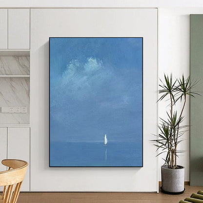 “Distant Voyage: Tiny Sail on Vast Blue” - Abstract Nautical Oil on Canvas CT1879