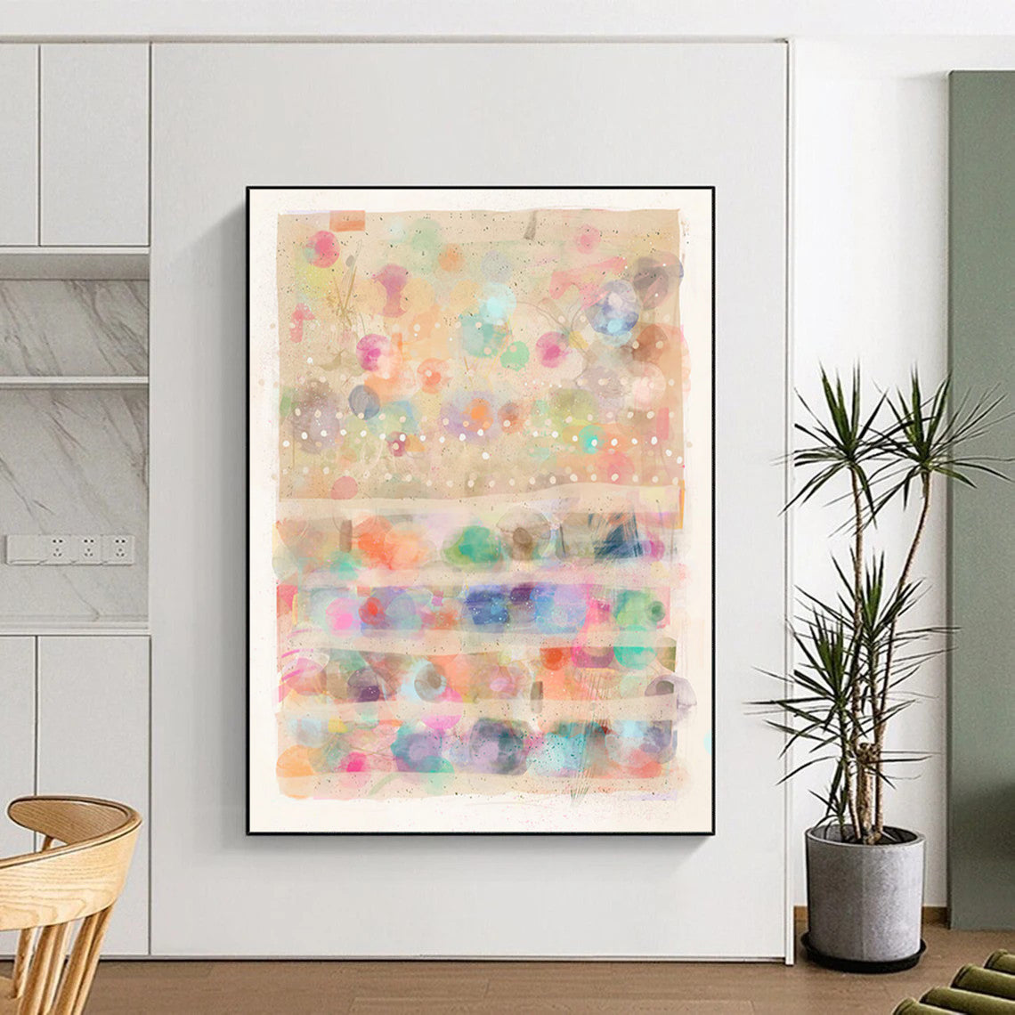Pastel Dots, Striped Layers - "Dreamy Dotscape" - Mixed - media Abstract Art CT1827
